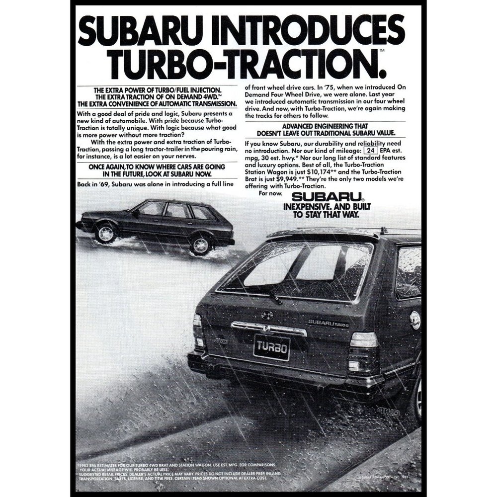 1984 Subaru Turbo 4wd Station Wagon Vintage Print Ad Rain Storm Import Wall Art